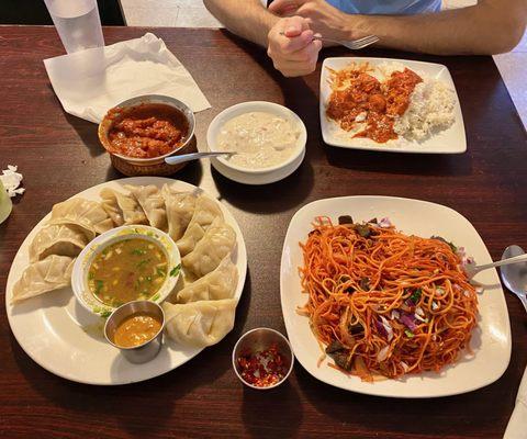 Pork momos, lamb chow mein, chicken rata, yogurt dipping sauce