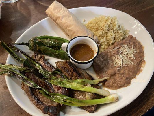 Carne asada with arroz and frijoles