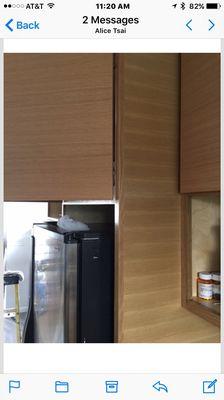 Notice the two variations of scratched wood veneers from wall cubby to cabinet facings?!