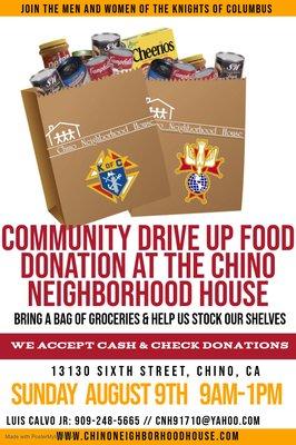 COMMUNITY DRIVE UP FOOD DONATION DROP OFF BAG OF  GROCERIES  SUNDAY AUGUST 9th  Time 9am to 1pm