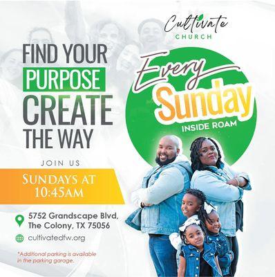 Join Cultivate Church every Sunday at 10:45 in Grandscape, The Colony TX