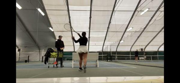 Working on forehand spin and clearance with Derrick. Good repertoire of drills and skill building activities to address your concerns.