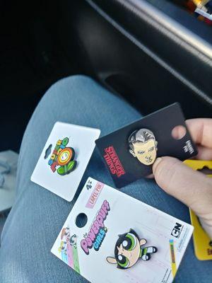 Mario, starnger things, and powerpuff girls enamel pins