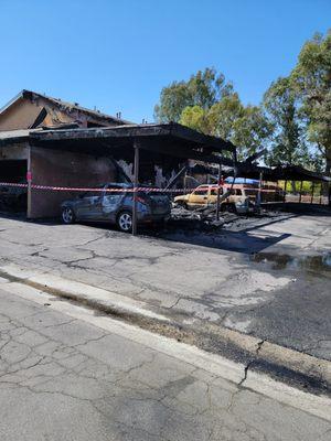 Photos taken right after fire! 2 cars have been removed since this post red and white striped tape and now yellow caution tape periodically!