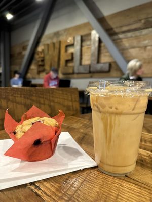 Blueberry muffin and iced white chocolate mocha