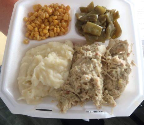 Crockpot chicken and dressing Mashed potatoes Green beans corn