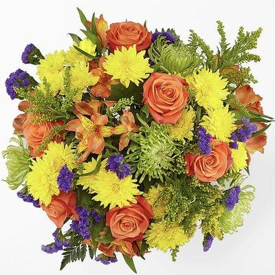 Deluxe Marmalade Skies bouquet from FTD. Clearly shows color scheme and 6 roses.