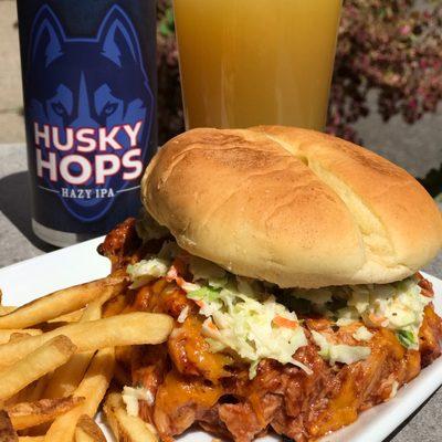 Pulled BBQ chicken sandwich. 
Husky Hops Hazy IPA. Kinsmen brewing Co.