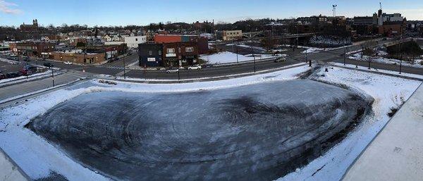 Winter 2017, there is an ice rink across the street! Picture taken from the parking structure