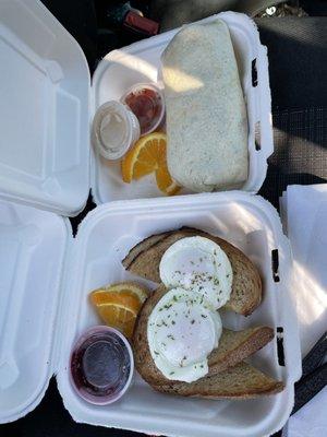 Hippy Burrito and Poached Eggs & toast