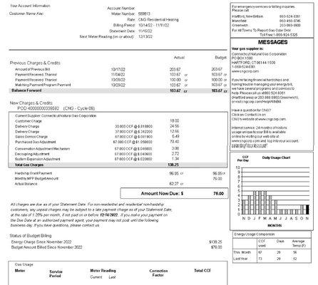 My latest gas bill
 (my name and account number are erased)