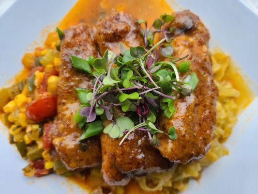 Turkey Ribs Plate-  Pan Seared Turkey Ribs with Creole Glaze served with Creole Fried Cabbage and Maque Choux (Corn, Okra, Tomatoes and Holy