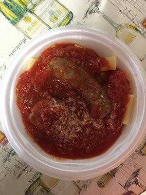 Ziti with red sauce and "the combo" - a meatball and a sausage.