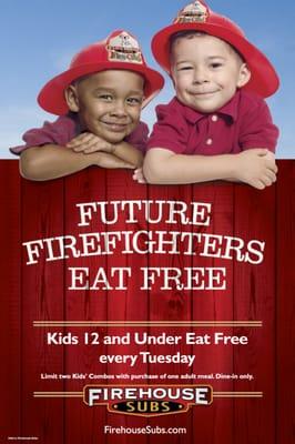 Tuesday Night is Family Night!  Two free kid's combo meals with each adult purchase.  Coloring pages, Fire & EMS books & free fire hats!