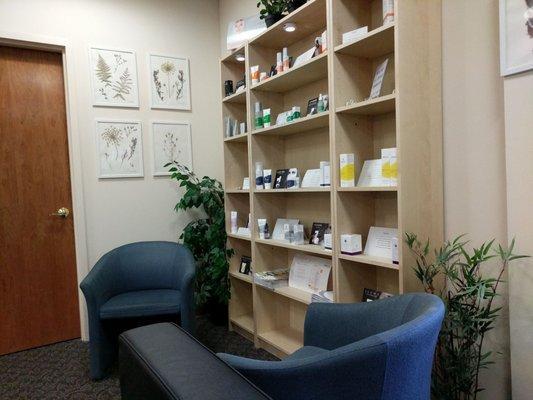 Waiting area, skin products on display.