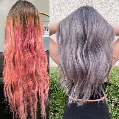 Color correction by Kim. From pink dye to silver white hair