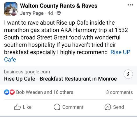 Great food great atmosphere great customer service help spread the word about how great the food is at rise up Cafe