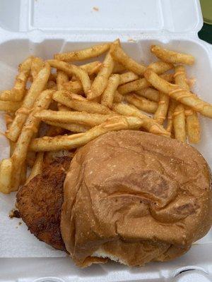 Mild & Spicy Chikn Sandwich with Fries.