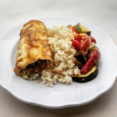 Barbacoa Enchiladas, brown rice, roasted veggies.