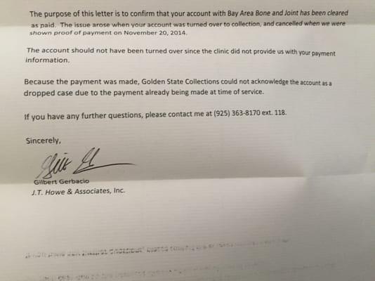 Letter, with personal info out, from billing company, that I received, as proof that I was never in the wrong.