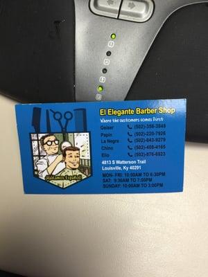 Business card showing barbers, business hours, address