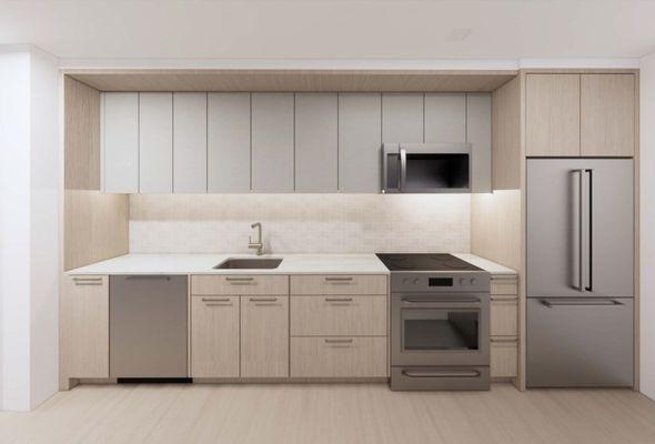 Quartz countertops harmonize flawlessly with a ceramic tile backsplash