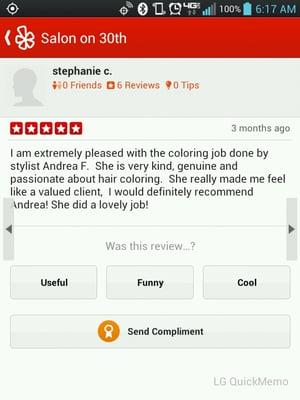 Reviews of mine while working at  Salon on 30th.