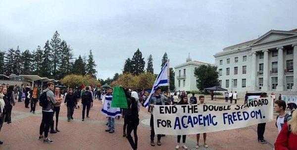 Hillel students standing up to the double standard of academic freedom on campus Sproul Plaza