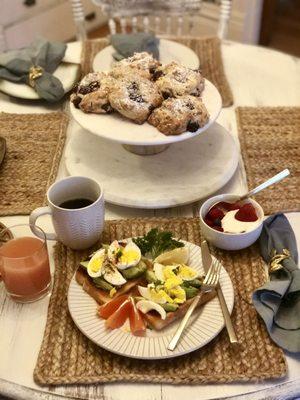 Breakfast: Avacado, Egg, Toast, Yogurt, Fruit, Scones, Coffee, Grapefruit Juice