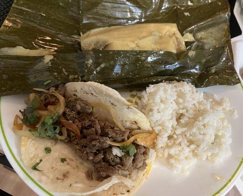 1 (of 2) steak taco, chicken tamale & rice