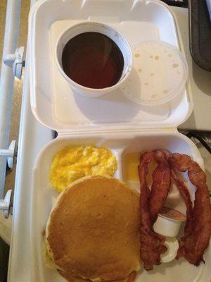 2 fluffy azz pancakes, bacon, soft scrambled eggs, and PLENTY of syrup.