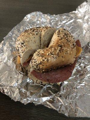 Wheat everything bagel with pork roll egg and cheese