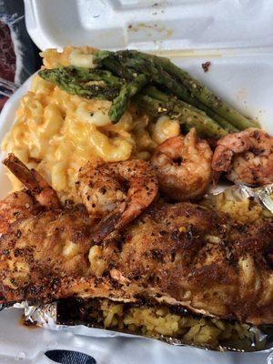 Grilled Salmon,shrimp, asparagus,yellow rice,and Mac & Cheese