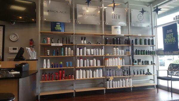 Lots of products to choose from. Hot towel after every haircut!