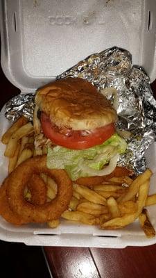 Steak Style Burger with 2 side items.