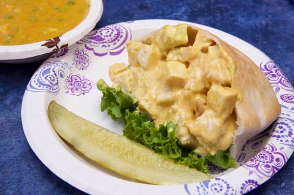 This is my favorite sandwich. It's the mango curried chicken pita. In the background is the curried soup. It's a hearty soup.