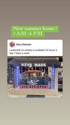 New summer hours 7 A/M - 6 P/M