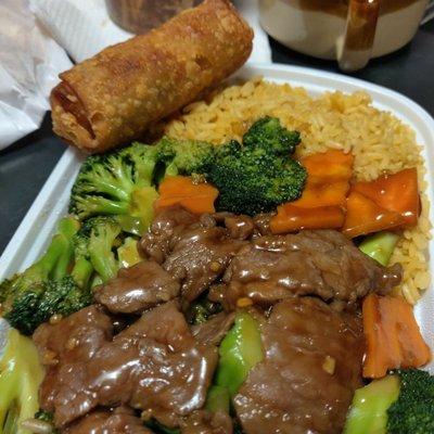 Beef and broccoli fried rice and egg roll