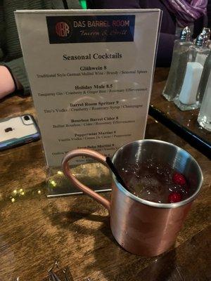 Holiday Mule pictured here with the menu