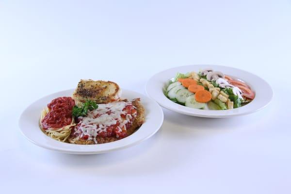 Chicken Parmesan served with side Spaghetti, Garlic Bread & Garden Salad.