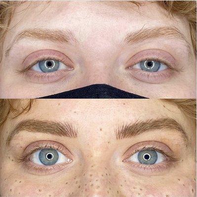 Before and after microblading and faux freckles tattoo