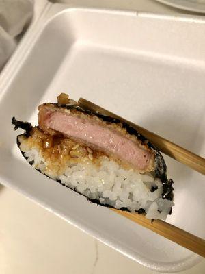 Spam Musubi (9/10). Inside shot. Fried spam is a great change and was so yummy! Was a bit dry and will get a side of sauce next time