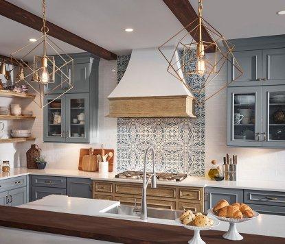 Kitchen design including Dusk Blue cabinetry and Appaloosa