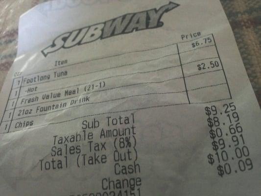 My receipt from E Bidwell Subway