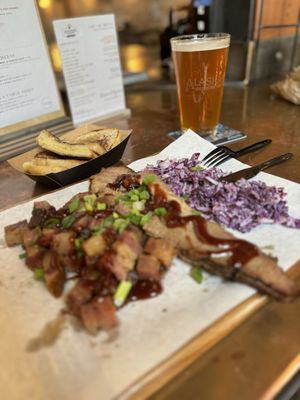 Smokehouse Cheese Toastie, wild boar burnt ends, brisket, and Juneau Hazy IPA