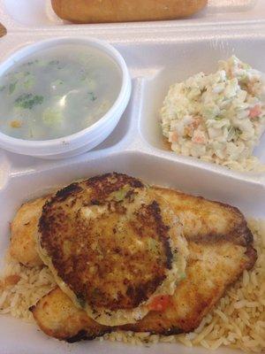 Baked Tilipia topped with crab, broccoli and coleslaw