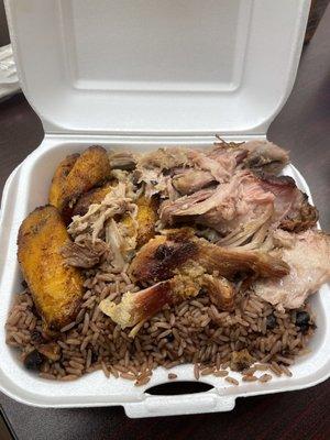 Roast pork, plantains, rice with black beans