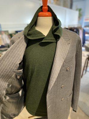 Double breasted Loro Piana jersey suit, green cashmere hoodie.