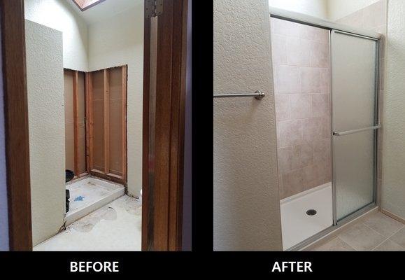 A bathroom remodel for a Seattle condo - brand new shower, tiles, paint, and floors