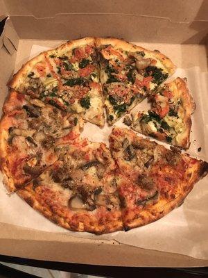 Meatball Pizza and white veggie pizza. The pizza was so good my wife couldn't help herself from eating the center